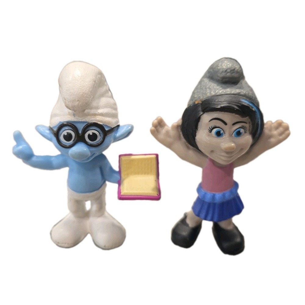 Set Of 2 Smurfs PVC Figures Cake Toppers Brainy & Vexy Smurf